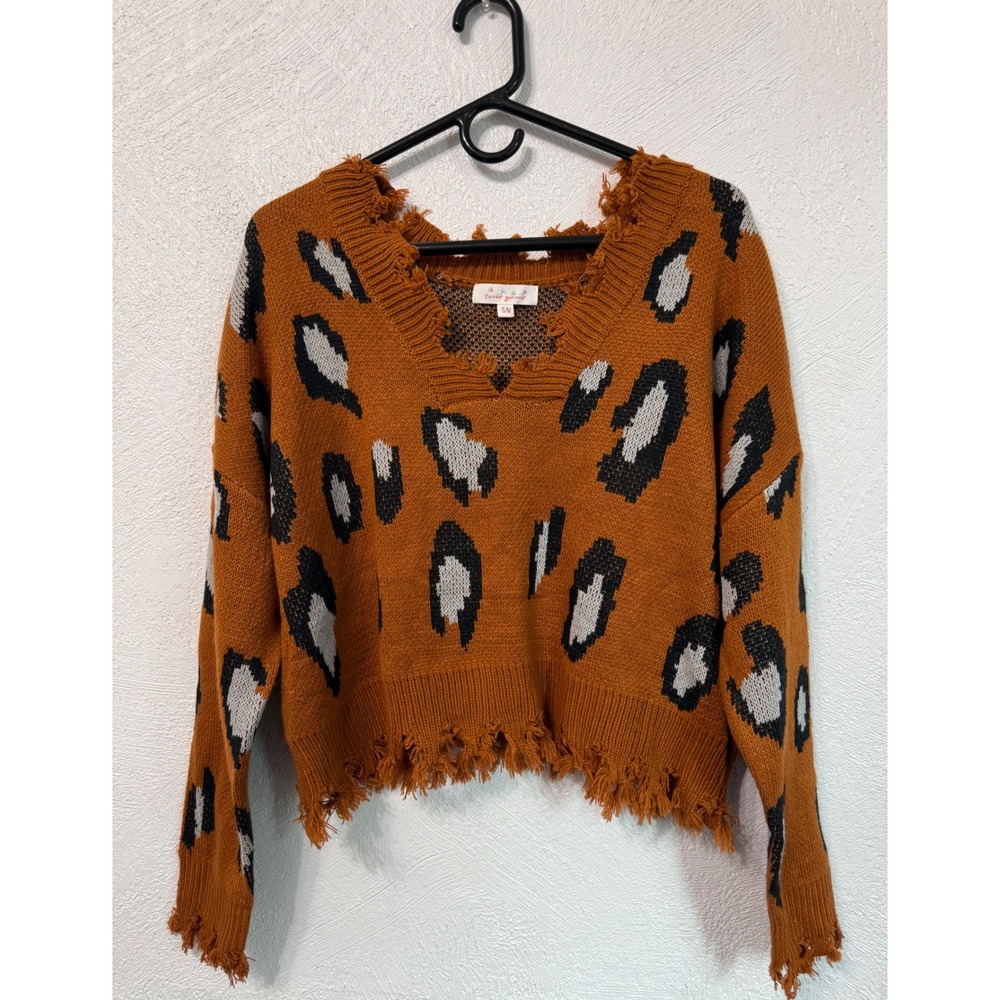 Sweet Generis Women S Cheetah Burnt Orange Cropped Sweater Distressed Hem Long